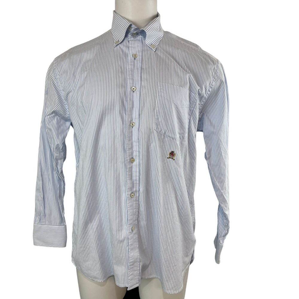 Tommy Hilfiger Mens Shirt Button L Blue Pin Stripe Embroidered Emblem (279)